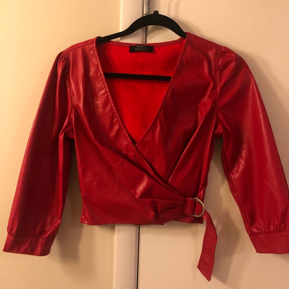 Bershka red leather-style sexy wrap top